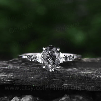 Vintage oval black rutilated quartz engagement ring set rose gold marquise black spinel ring women moissanite wedding bridal ring set gift