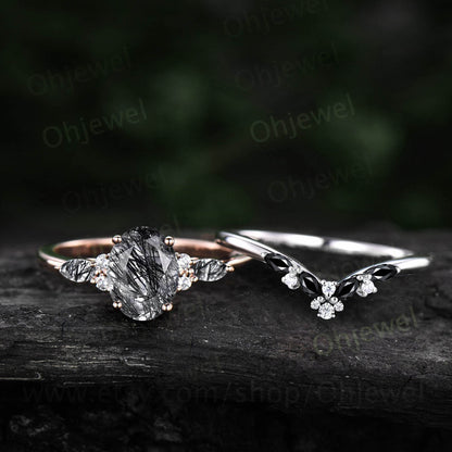 Vintage oval black rutilated quartz engagement ring set rose gold marquise black spinel ring women moissanite wedding bridal ring set gift