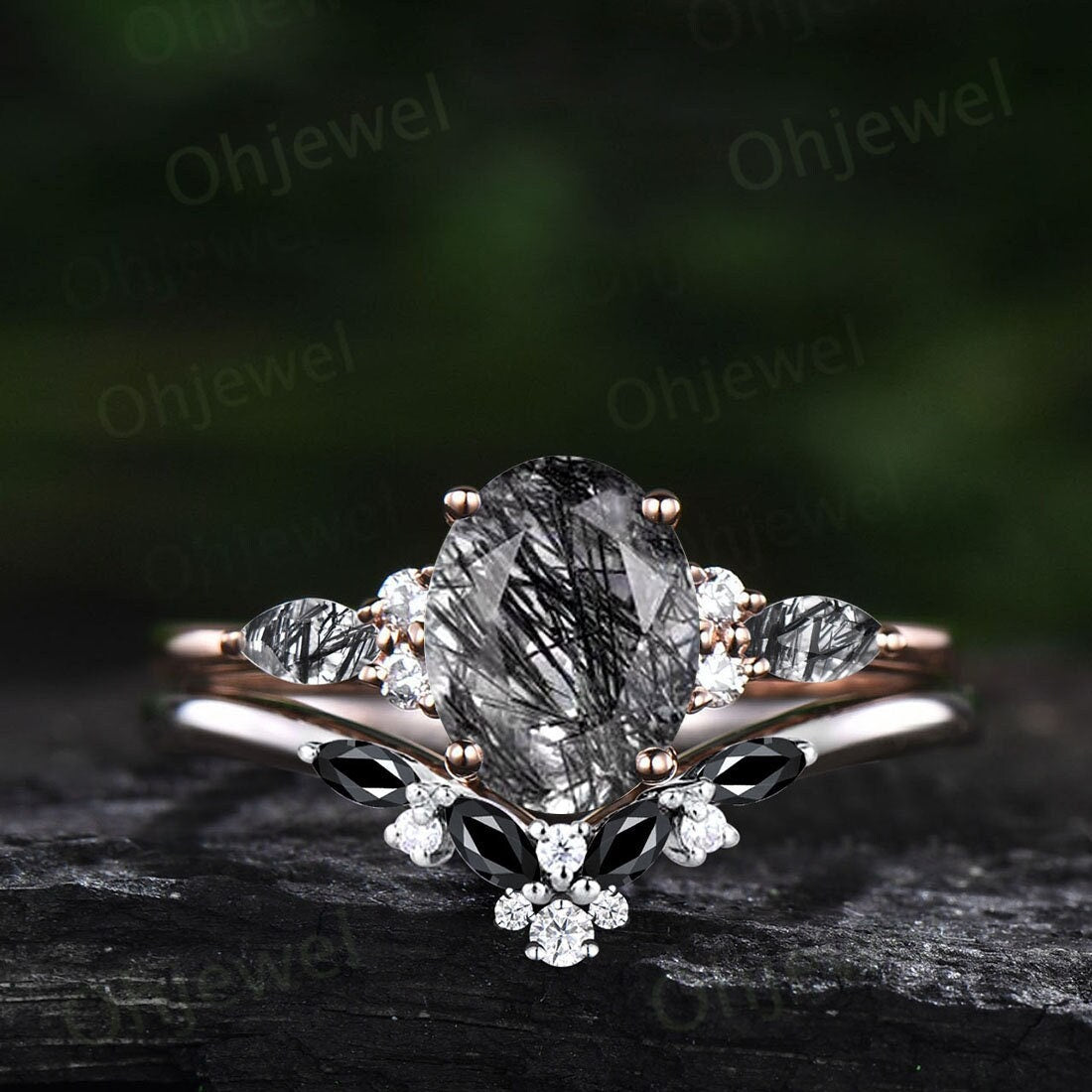 Vintage oval black rutilated quartz engagement ring set rose gold marquise black spinel ring women moissanite wedding bridal ring set gift