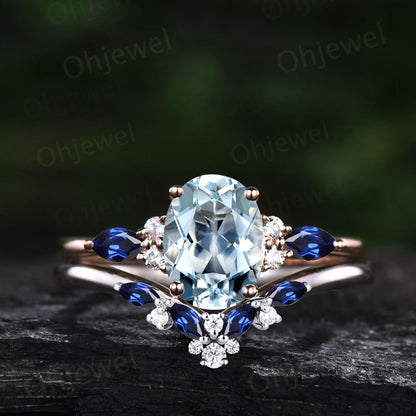 Vintage oval Aquamarine engagement ring set rose gold marquise sapphire ring women cluster moissanite wedding bridal ring set fine jewelry