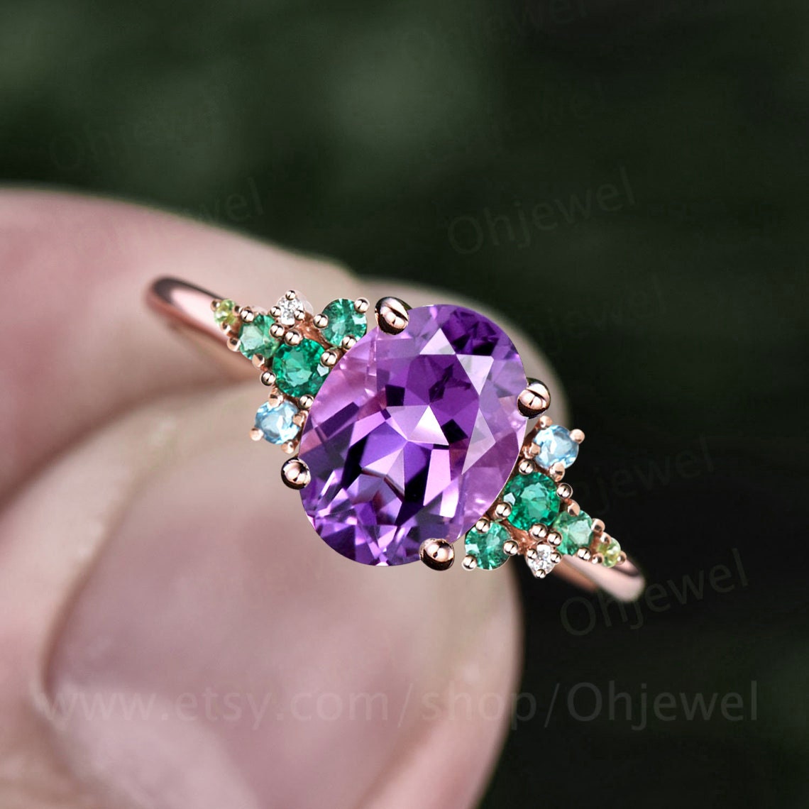 Amethyst and fashion emerald engagement ring