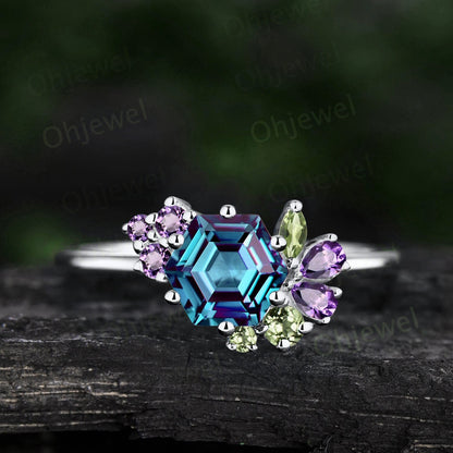 Vintage Hexagon cut alexandrite engagement ring cluster amethyst peridot ring solid 14k white gold women unique dainty anniversary ring gift