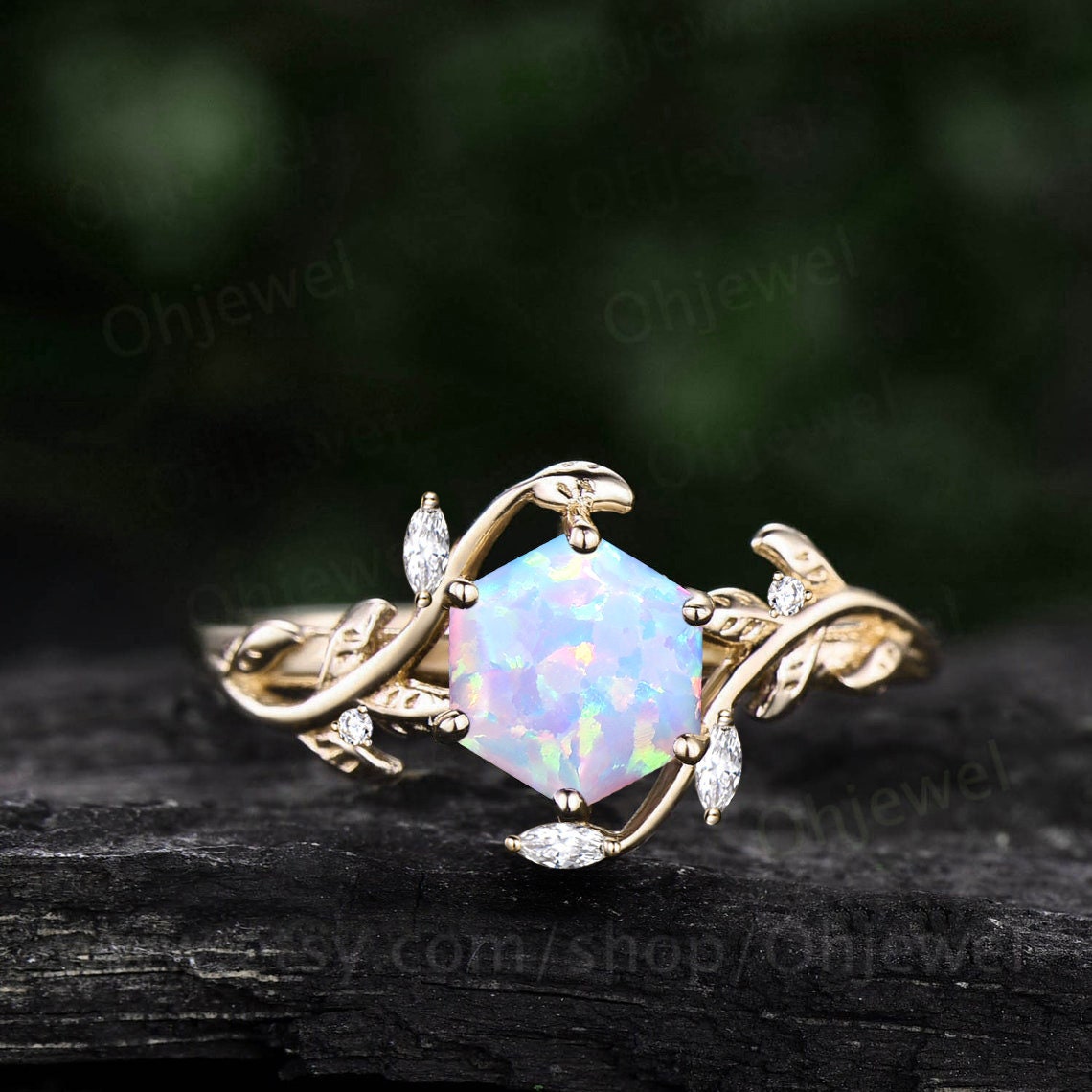 Vintage Hexagon opal engagement ring art deco cluster nature inspired diamond ring women leaf rose gold branch anniversary wedding ring gift