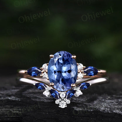 Unique oval Tanzanite engagement ring cluster diamond ring vintage marquise natural sapphire ring women wedding bridal ring set fine jewery