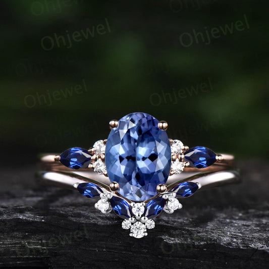 Unique oval Tanzanite engagement ring cluster diamond ring vintage marquise natural sapphire ring women wedding bridal ring set fine jewery