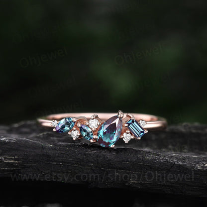 Cluster alexandrite ring 925 sterling silver dainty wedding band solid white gold snowdrift moissanite bridal anniversary ring women gift
