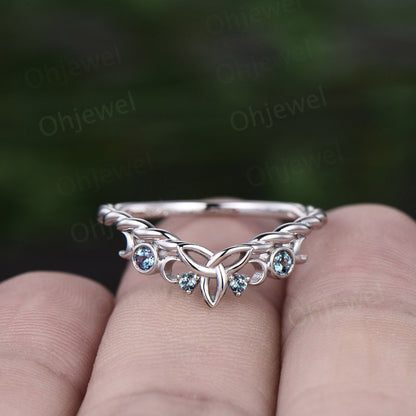 Curved Alexandrite wedding band solid 14k rose gold chevron four stone moon Celtic knot eternity stacking Twisted wedding ring band women