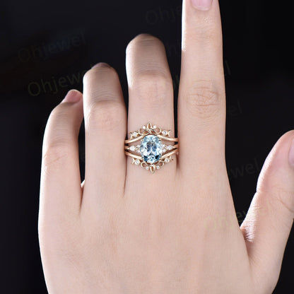 8x10mm oval cut Aquamarine engagement ring set solid 14k white gold art deco diamond ring vintage moon Celtic knot wedding ring set women
