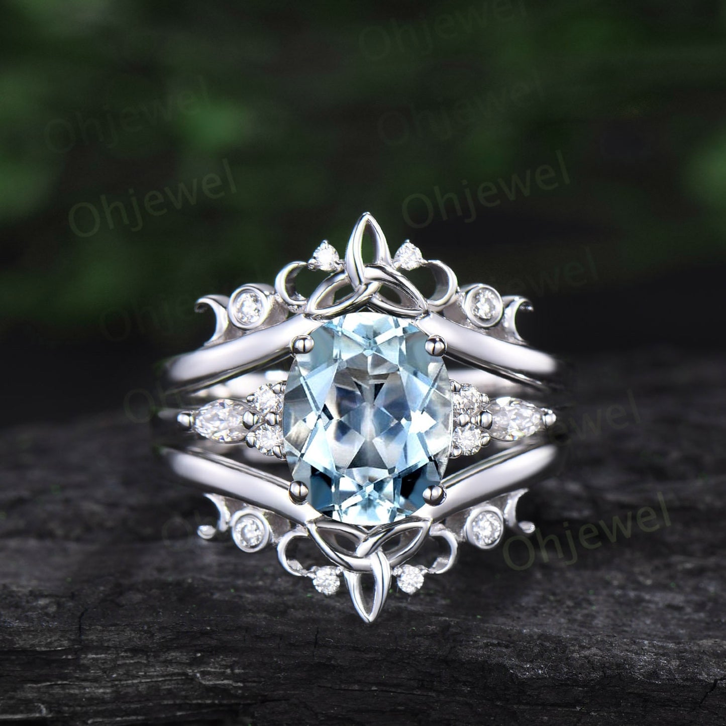 8x10mm oval cut Aquamarine engagement ring set solid 14k white gold art deco diamond ring vintage moon Celtic knot wedding ring set women