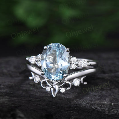 8x10mm oval cut Aquamarine engagement ring set solid 14k white gold art deco diamond ring vintage moon Celtic knot wedding ring set women