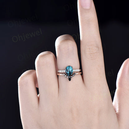 Oval natural Turquoise ring vintage Turquoise engagement ring white gold moissanite ring black spinel rose gold ring bridal ring set women