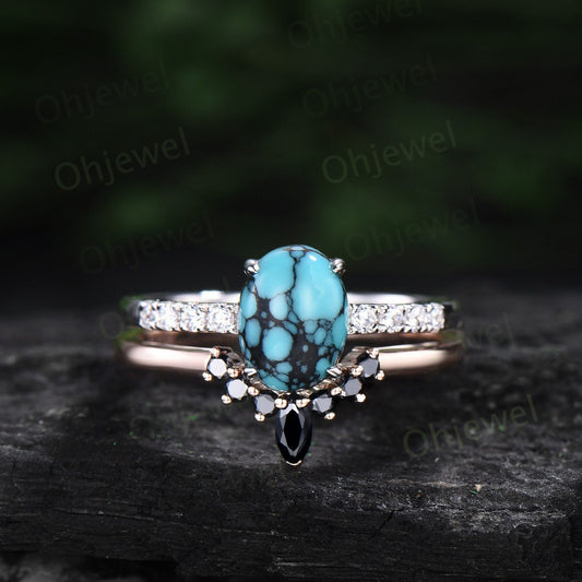 Oval natural Turquoise ring vintage Turquoise engagement ring white gold moissanite ring black spinel rose gold ring bridal ring set women