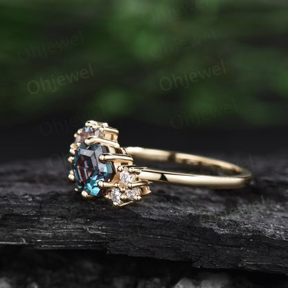 Cluster Alexandrite ring vintage Hexagon cut Alexandrite engagement ring women rose gold diamond ring dainty 925 sterling silver ring gift