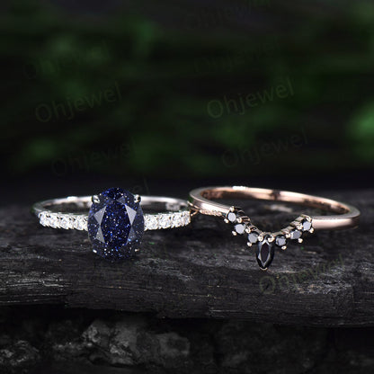 Vintage oval cut blue sandstone engagement ring solid 14k white gold unique bridal set moissanite ring women stacking anniversary ring gift