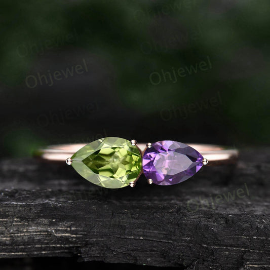 Pear amethyst ring dainty peridot ring rose gold two stone ring unique east to west engagement ring women gemstone ring 925 sterling silver