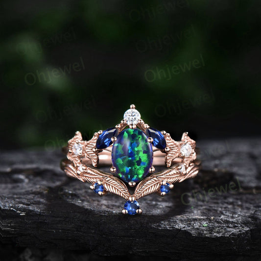 Vintage oval black opal engagement ring set rose gold twig marquise cut sapphire ring branch leaf moissanite wedding bridal ring set women