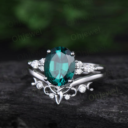 8x10mm oval cut Emerald engagement ring set solid 14k white gold Celtic knot diamond ring vintage fine jewelry stacking bridal set women