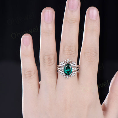 8x10mm oval cut Emerald engagement ring set solid 14k white gold Celtic knot diamond ring vintage fine jewelry stacking bridal set women