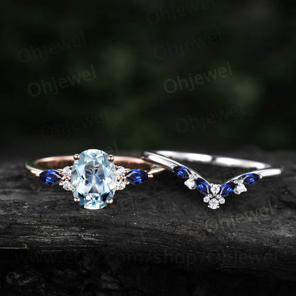 Vintage oval Aquamarine engagement ring set rose gold marquise sapphire ring women cluster moissanite wedding bridal ring set fine jewelry