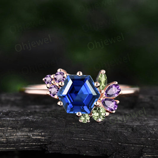 Vintage Hexagon cut sapphire engagement ring cluster amethyst peridot ring 14k rose gold women gemstone ring dainty anniversary ring gift