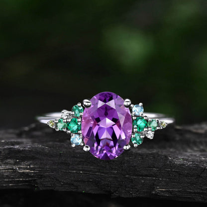 Vintage amethsyt emerald engagement ring rose gold cluster snowdrift peridot topaz ring women unique moissanite bridal promise wedding ring