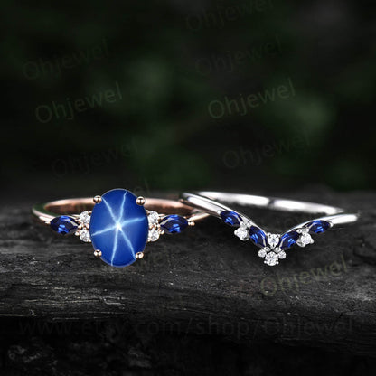 Vintage oval blue star sapphire ring 14k rose gold marquise cut sapphire ring cluster moissanite ring engagement ring set Women for Gifts