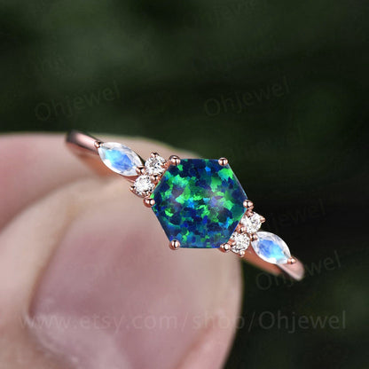 Hexagon cut balck opal engagement ring rose gold vintage unique marquise moonstone engagement ring art deco opal bridal wedding ring women