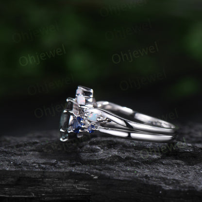 Round Aquamarine ring vintage pear sapphire ring five stone 6 prong blue gemstone ring opal wedding band engagement ring women bridal set