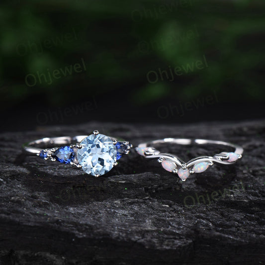 Round Aquamarine ring vintage pear sapphire ring five stone 6 prong blue gemstone ring opal wedding band engagement ring women bridal set
