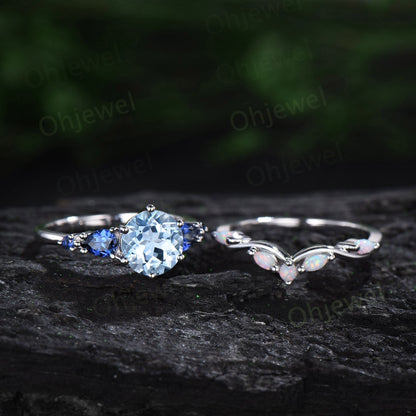 Round Aquamarine ring vintage pear sapphire ring five stone 6 prong blue gemstone ring opal wedding band engagement ring women bridal set