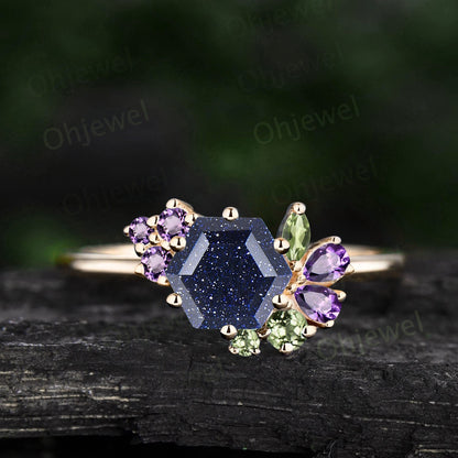 Hexagon cut blue sandstone ring rose gold cluster peridot amethyst ring women vintage engagement ring 925 sterling silver gemstone ring