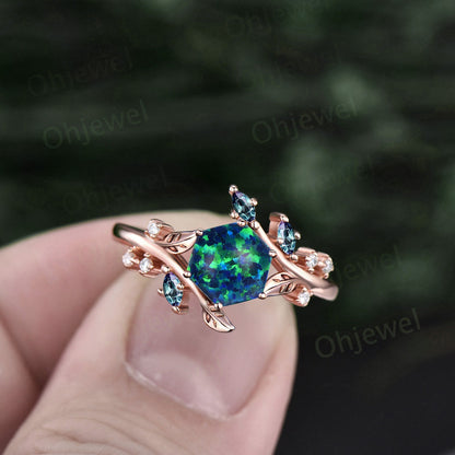 Hexagon black opal engagement ring rose gold Nature inspired leaf twig diamond ring women cluster alexandrite ring sterling silver gift