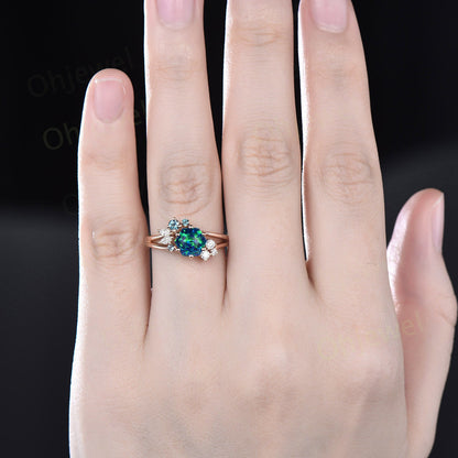 Hexagon black opal ring vintage rose gold cluster 6 prong split shank unique engagement ring women diamond alexandrite ring genstone gift