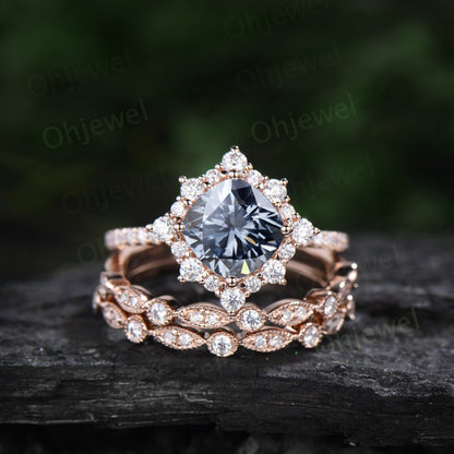Vintage cushion cut gray moissanite engagement ring rose gold halo snowdrift moissanite ring unique bridal set half eternity ring women