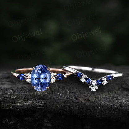 Unique oval Tanzanite engagement ring cluster diamond ring vintage marquise natural sapphire ring women wedding bridal ring set fine jewery