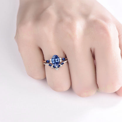 Unique oval Tanzanite engagement ring cluster diamond ring vintage marquise natural sapphire ring women wedding bridal ring set fine jewery