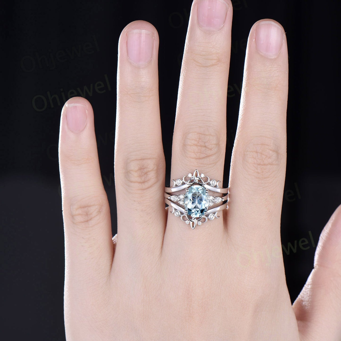 8x10mm oval cut Aquamarine engagement ring set solid 14k white gold art deco diamond ring vintage moon Celtic knot wedding ring set women