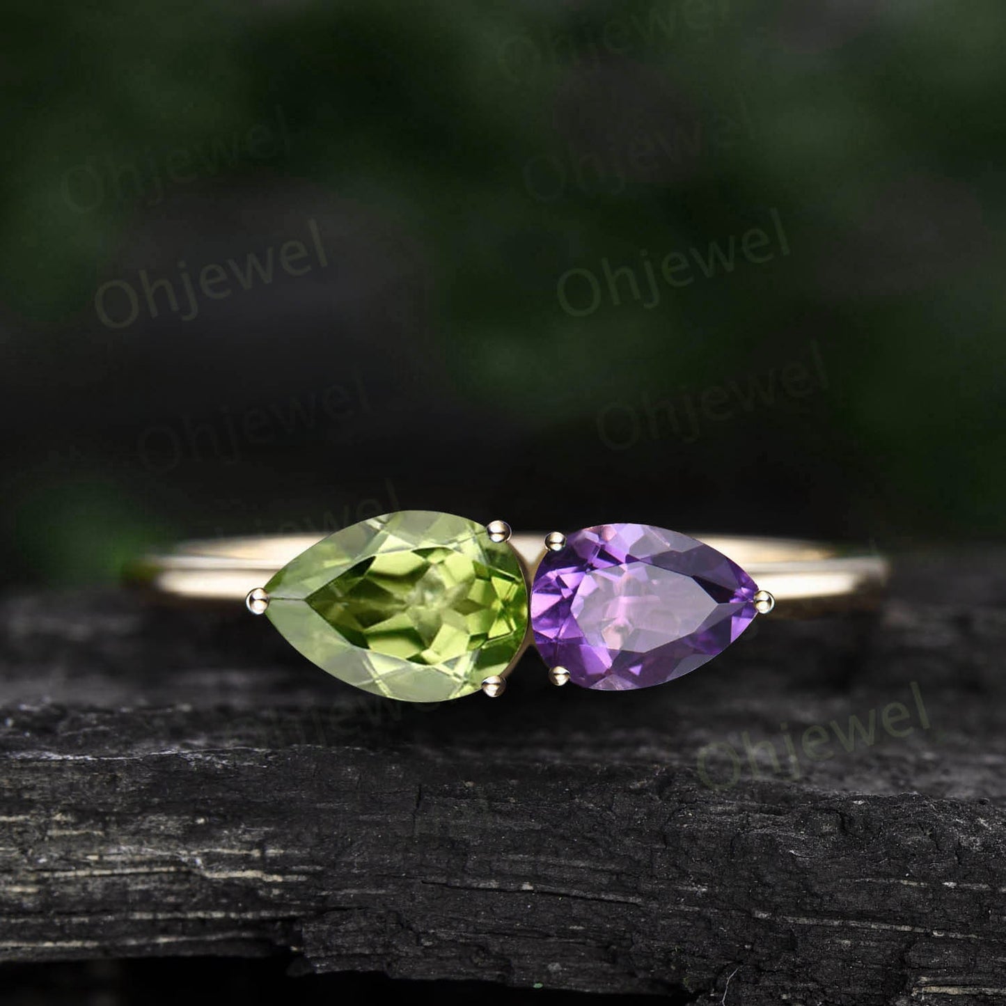 Pear amethyst ring dainty peridot ring rose gold two stone ring unique east to west engagement ring women gemstone ring 925 sterling silver