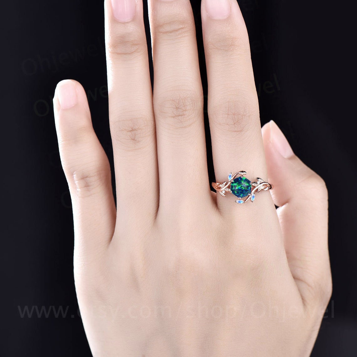 Vintage Hexagon black opal engagement ring art deco nature inspired moonstone ring women leaf rose gold branch promise wedding ring gift