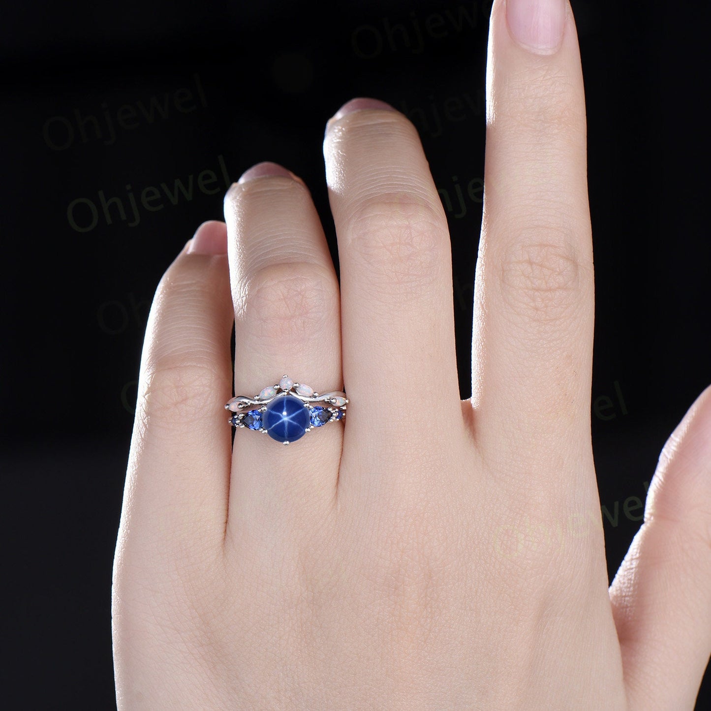 Round blue star sapphire ring vintage pear sapphire ring five stone blue gemstone ring opal wedding band engagement ring women bridal set