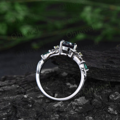 Pear shaped Alexandrite ring vintage art deco sapphire peridot emerald ring white gold leaf nature inspired engagement ring women bridal set