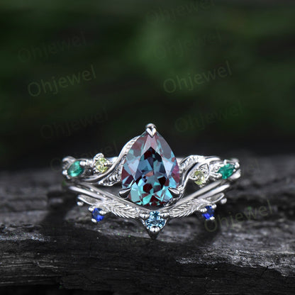 Pear shaped Alexandrite ring vintage art deco sapphire peridot emerald ring white gold leaf nature inspired engagement ring women bridal set