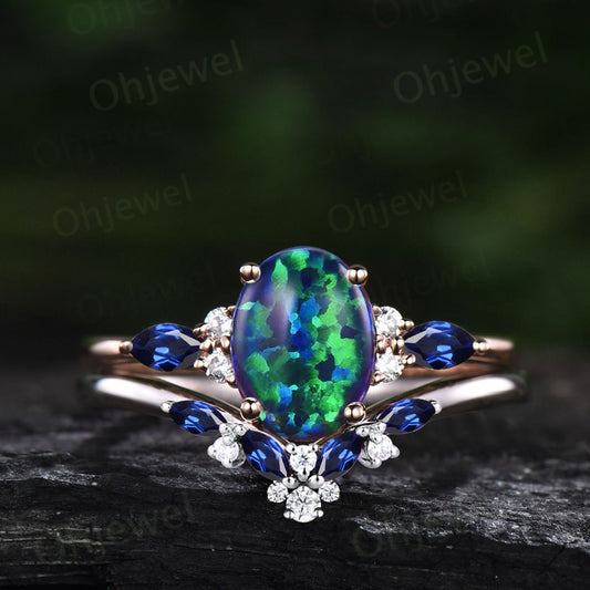 Vintage oval black opal ring 14k rose gold marquise cut sapphire ring snowdrift cluster moissanite ring engagement ring set Women for Gifts