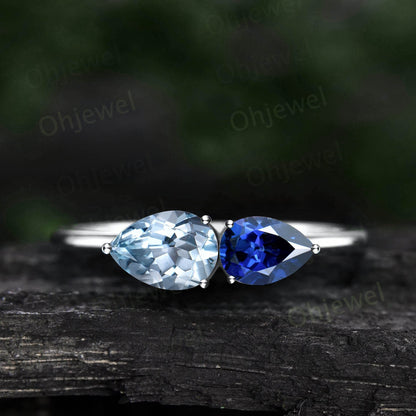 Minimalist pear shaped aquamarine ring solid 14k rose gold dainty two stone sapphire ring unique east to west engagement ring women gift