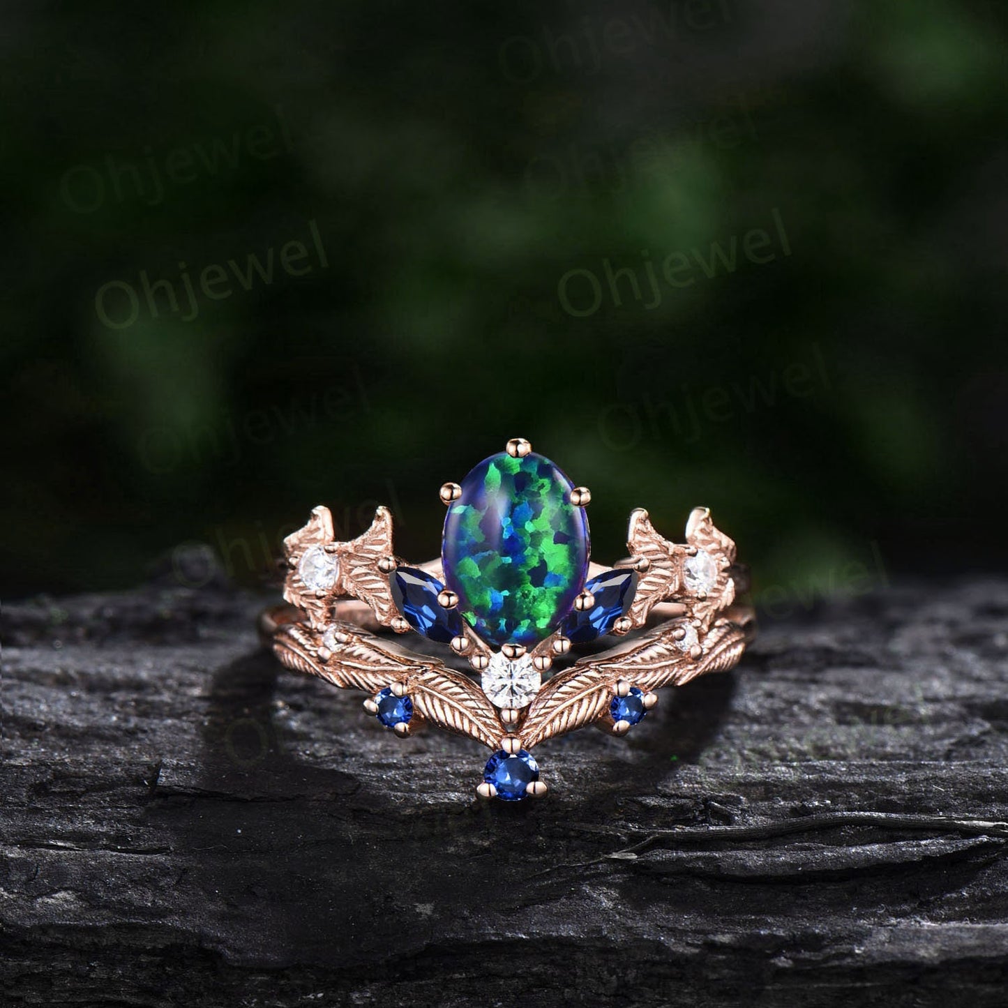 Vintage oval black opal engagement ring set rose gold twig marquise cut sapphire ring branch leaf moissanite wedding bridal ring set women