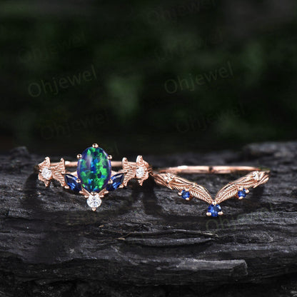 Vintage oval black opal engagement ring set rose gold twig marquise cut sapphire ring branch leaf moissanite wedding bridal ring set women