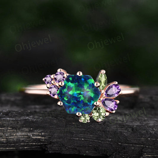 Vintage hexagon black opal engagement ring rose gold cluster peridot amethyst ring women dainty 6 prong birthstone anniversary ring gift