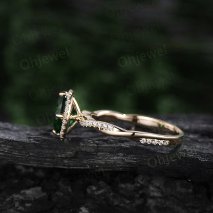 Oval green Tourmaline ring vintage unique engagement ring halo twisted diamond ring prong set fine jewelry yellow gold bridal ring women