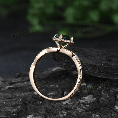 Oval green Tourmaline ring vintage unique engagement ring halo twisted diamond ring prong set fine jewelry yellow gold bridal ring women