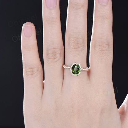Oval green Tourmaline ring vintage unique engagement ring halo twisted diamond ring prong set fine jewelry yellow gold bridal ring women